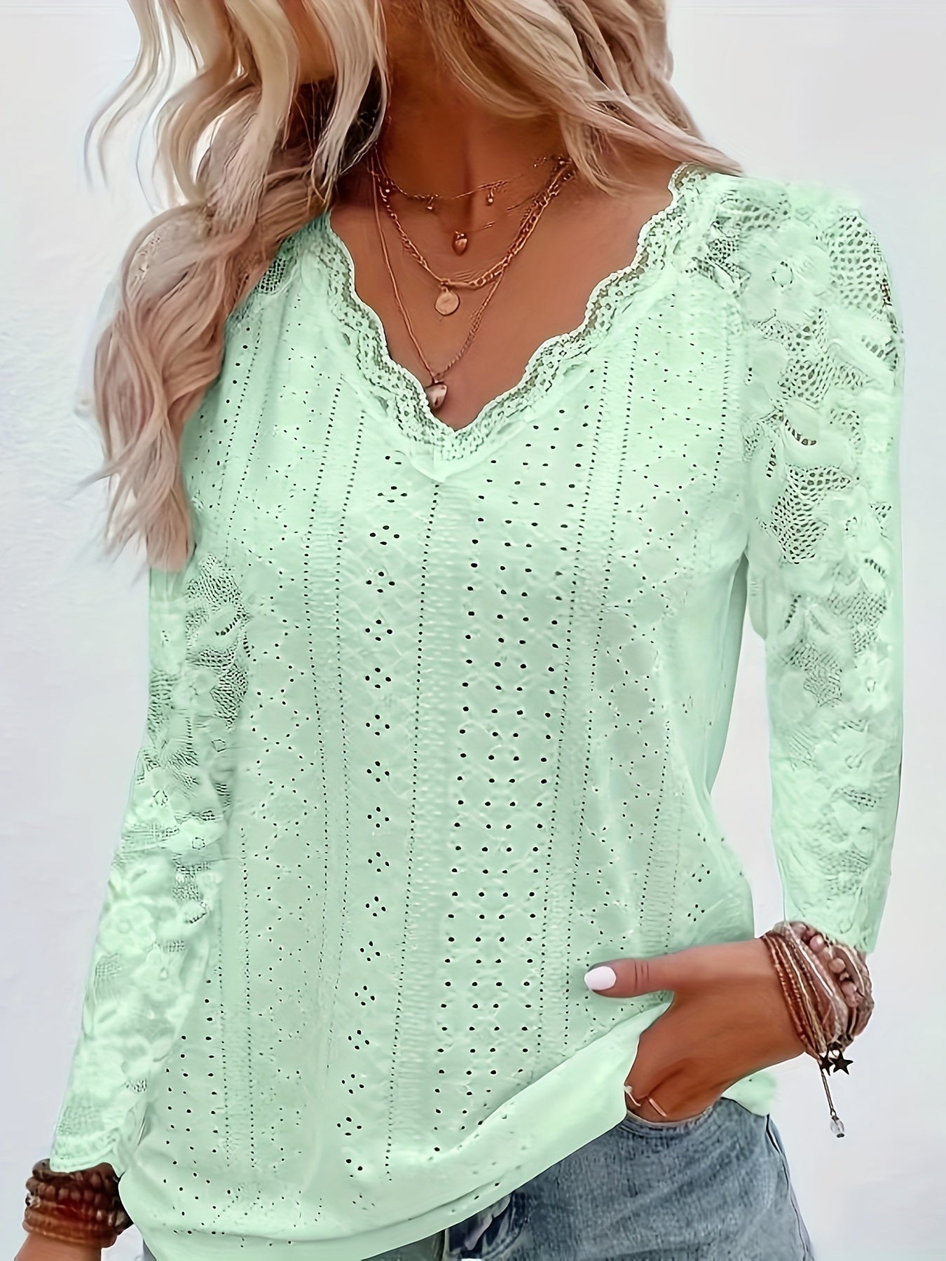 Nicole | Lace-Detail V-Neck Long Sleeve Top