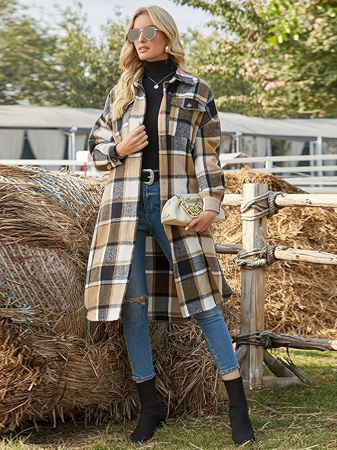 Linda | Cozy Long Plaid Button-Front Coat