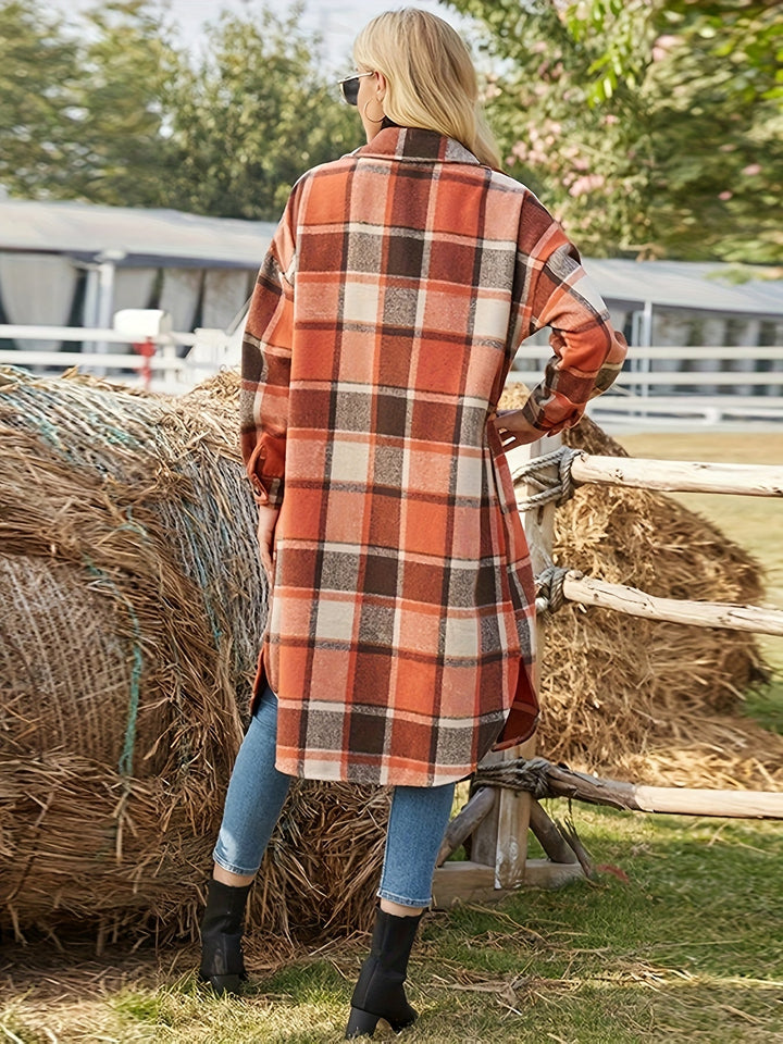 Linda | Cozy Long Plaid Button-Front Coat