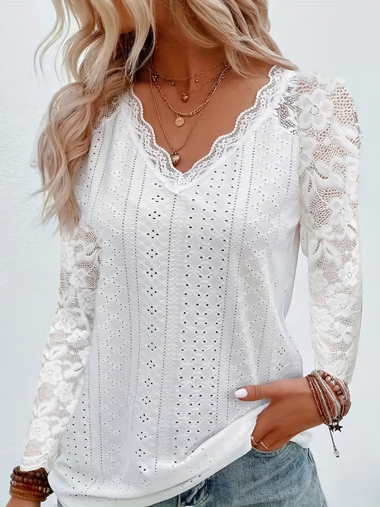 Nicole | Lace-Detail V-Neck Long Sleeve Top